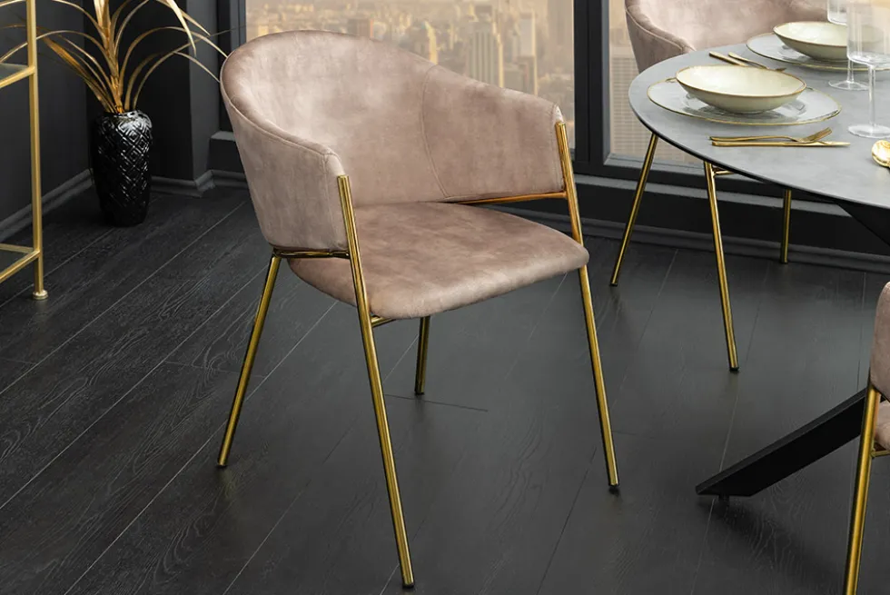 Design Stuhl NOBLESSE champagner beige Samt golden verchromtes Metallgestell