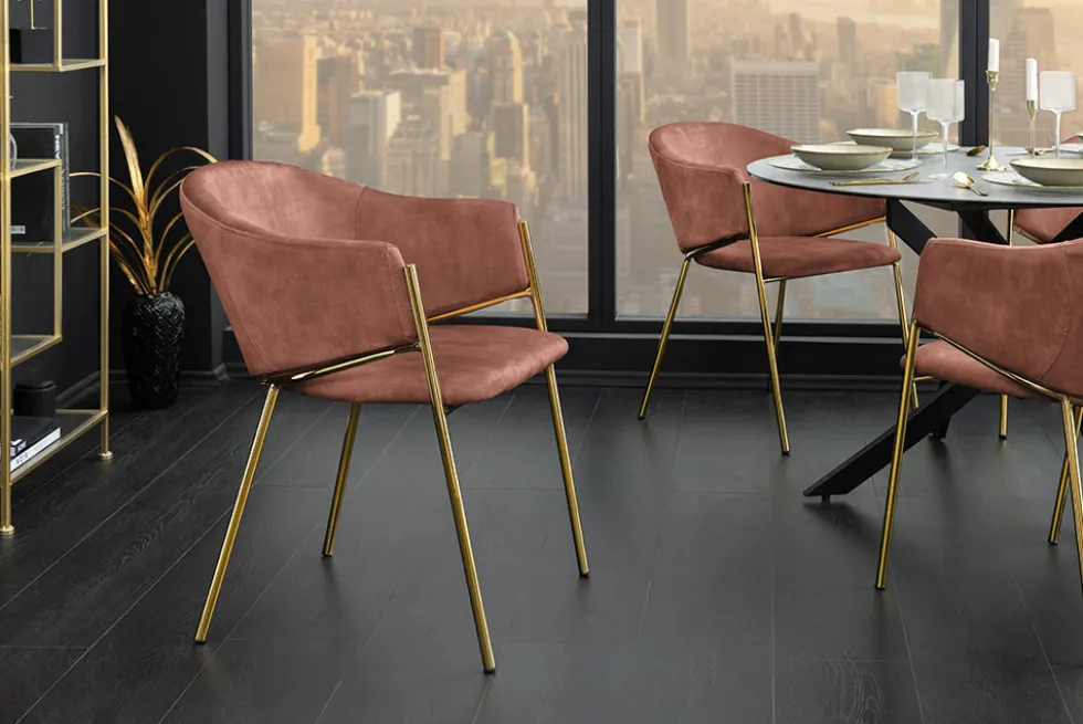 Design Stuhl NOBLESSE rosé Samt golden verchromtes Metallgestell Retro-Look