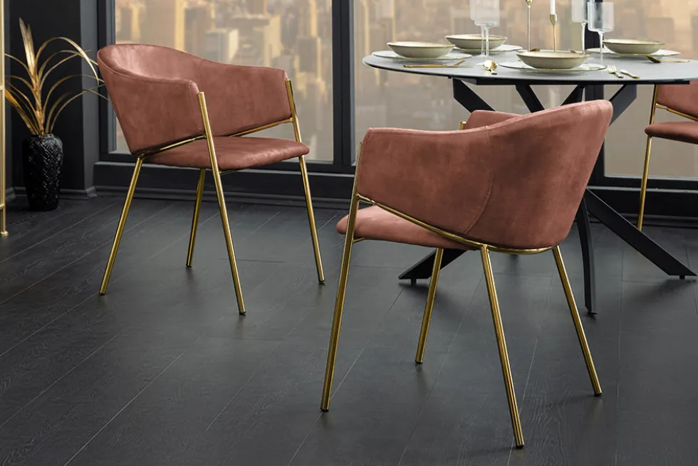 Design Stuhl NOBLESSE rosé Samt golden verchromtes Metallgestell Retro-Look
