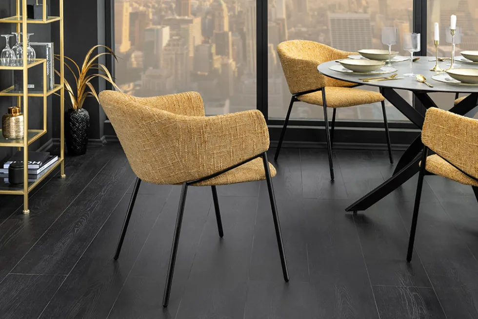 Design Stuhl NOBLESSE senfgelb Chenille schwarzes Metallgestell