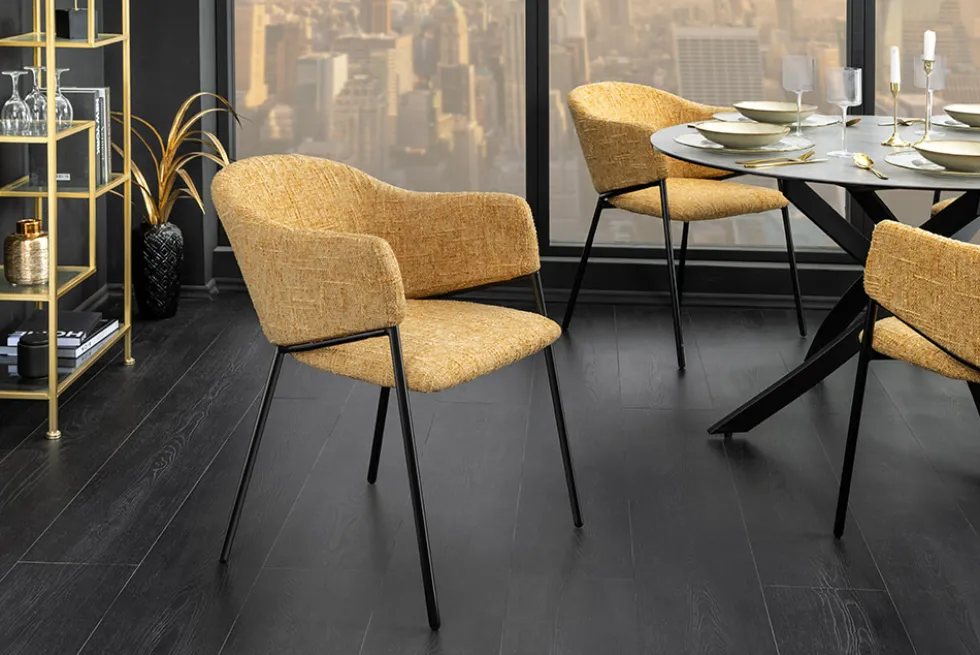 Design Stuhl NOBLESSE senfgelb Chenille schwarzes Metallgestell