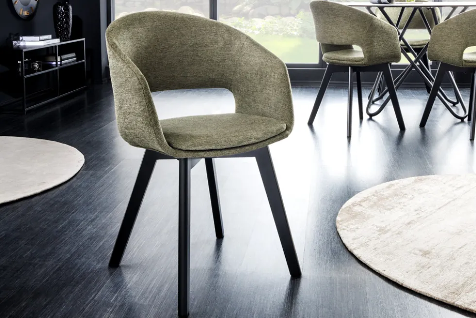 Design Stuhl NORDIC STAR grün Strukturstoff Massivholz schwarz mit Armlehne gepolstert