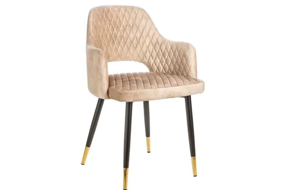Design Stuhl PARIS greige Samt mit Armlehnen Ziersteppung goldene Fußkappen