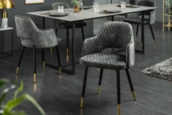 Design Stuhl PARIS grün Samt mit Armlehnen Ziersteppung goldene Fußkappen