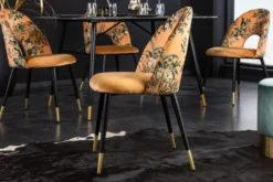 Design Stuhl PRÊT-À-PORTER gelb Samt florales Muster und goldene Fußkappen