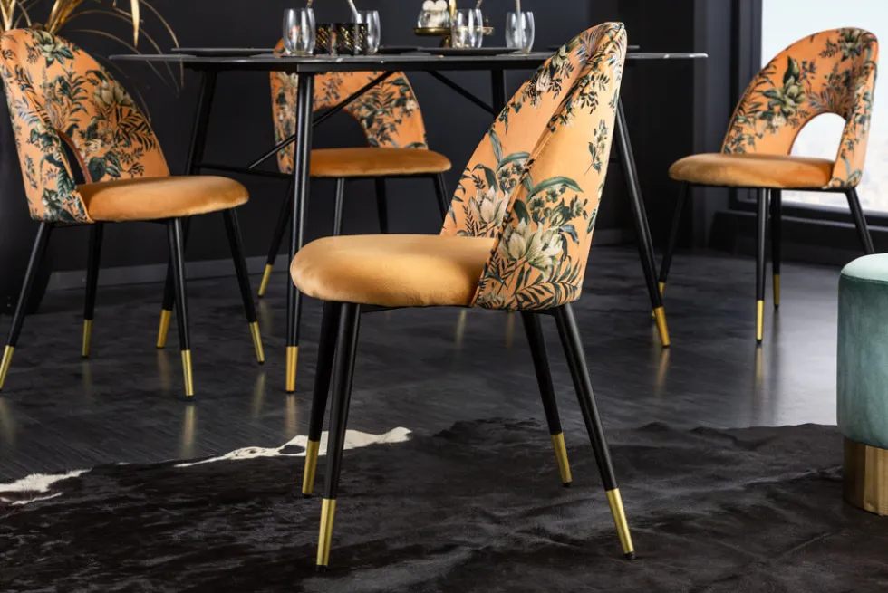 Design Stuhl PRÊT-À-PORTER gelb Samt florales Muster und goldene Fußkappen