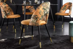 Design Stuhl PRÊT-À-PORTER gelb Samt florales Muster und goldene Fußkappen