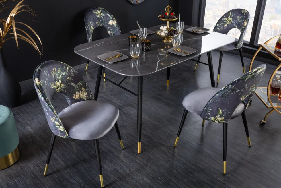 Design Stuhl PRÊT-À-PORTER grau Samt florales Muster und goldene Fußkappen