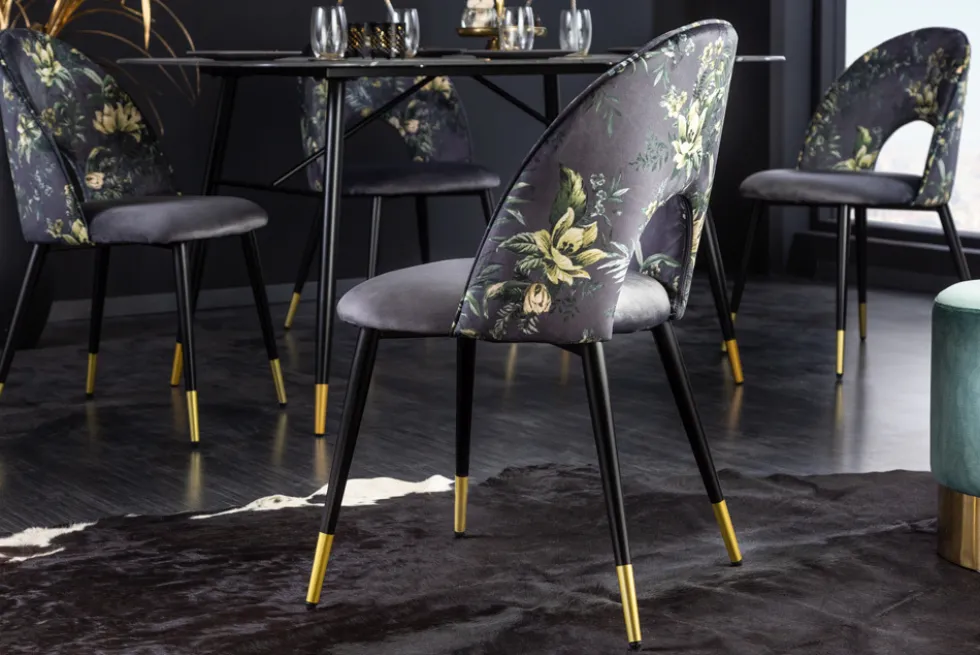 Design Stuhl PRÊT-À-PORTER grau Samt florales Muster und goldene Fußkappen