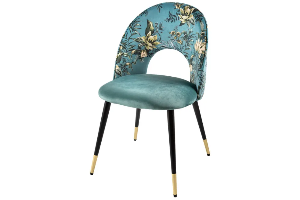 Design Stuhl PRÊT-À-PORTER türkis Samt florales Muster und goldene Fußkappen