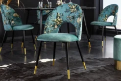 Design Stuhl PRÊT-À-PORTER türkis Samt florales Muster und goldene Fußkappen