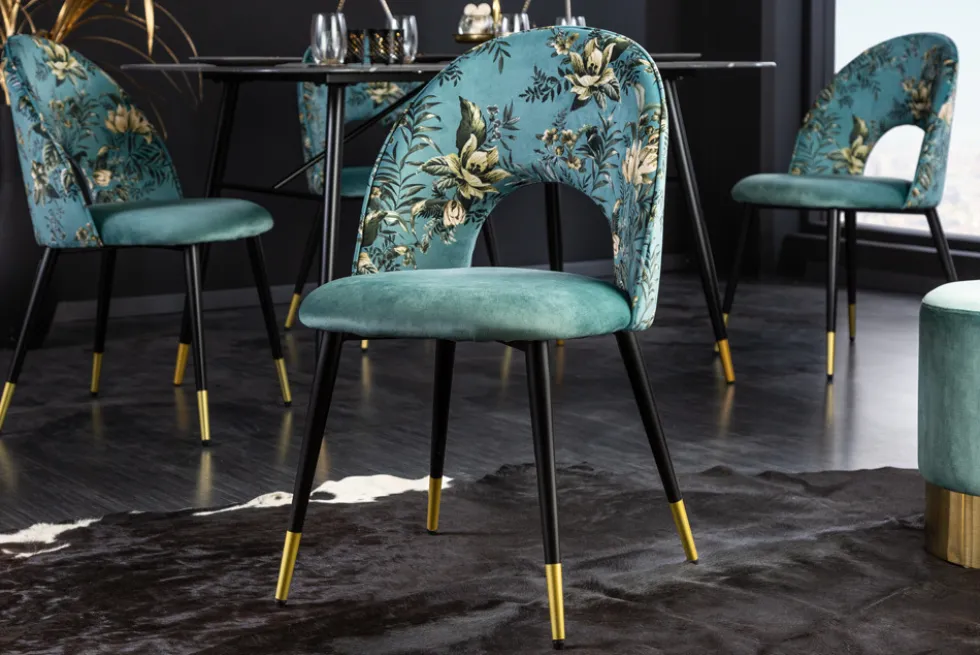 Design Stuhl PRÊT-À-PORTER türkis Samt florales Muster und goldene Fußkappen