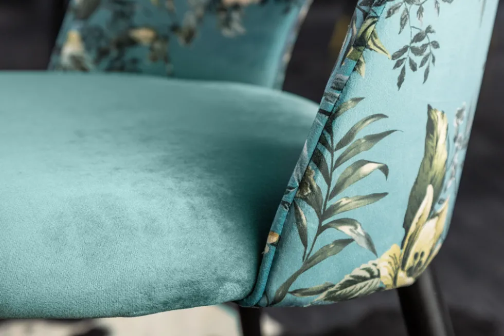 Design Stuhl PRÊT-À-PORTER türkis Samt florales Muster und goldene Fußkappen