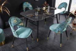 Design Stuhl PRÊT-À-PORTER türkis Samt florales Muster und goldene Fußkappen