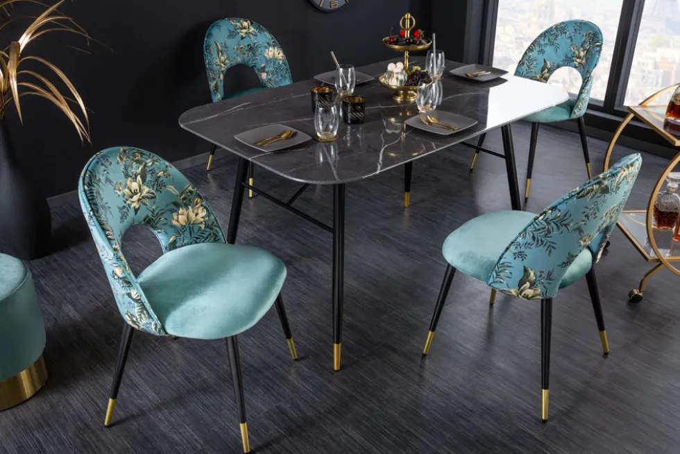 Design Stuhl PRÊT-À-PORTER türkis Samt florales Muster und goldene Fußkappen