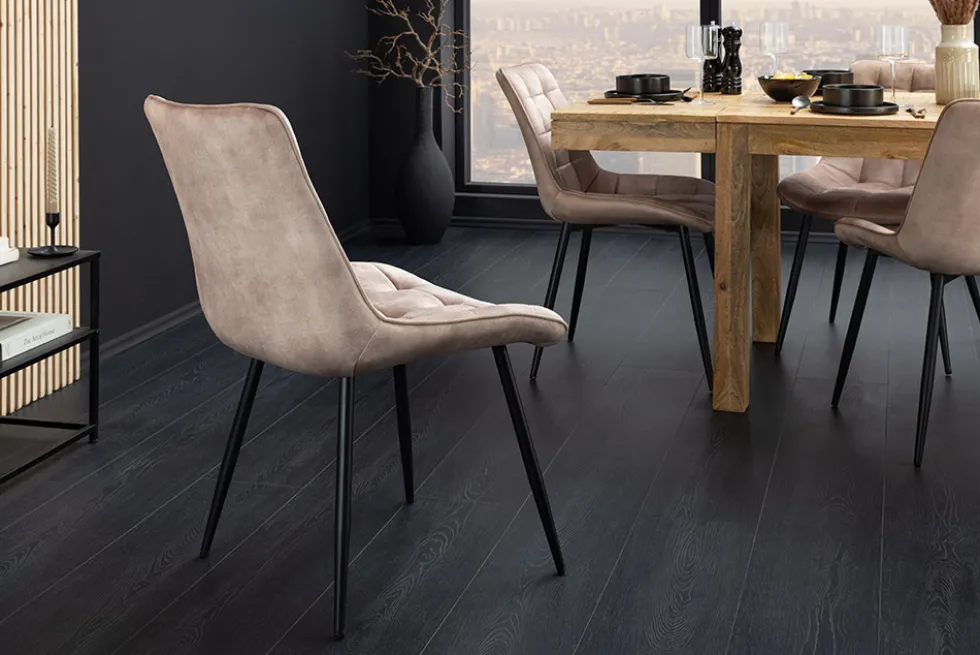 Design Stuhl ROADSTAR champagner greige Samt schwarze Metallbeine