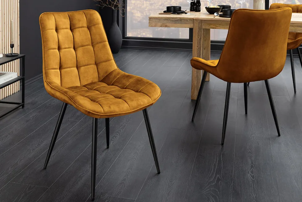 Design Stuhl ROADSTAR senfgelb Samt schwarze Metallbeine