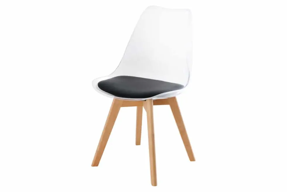 Design Stuhl SCANDINAVIA MEISTERSTÜCK transparent schwarz Kunststoff Buchenholz natur