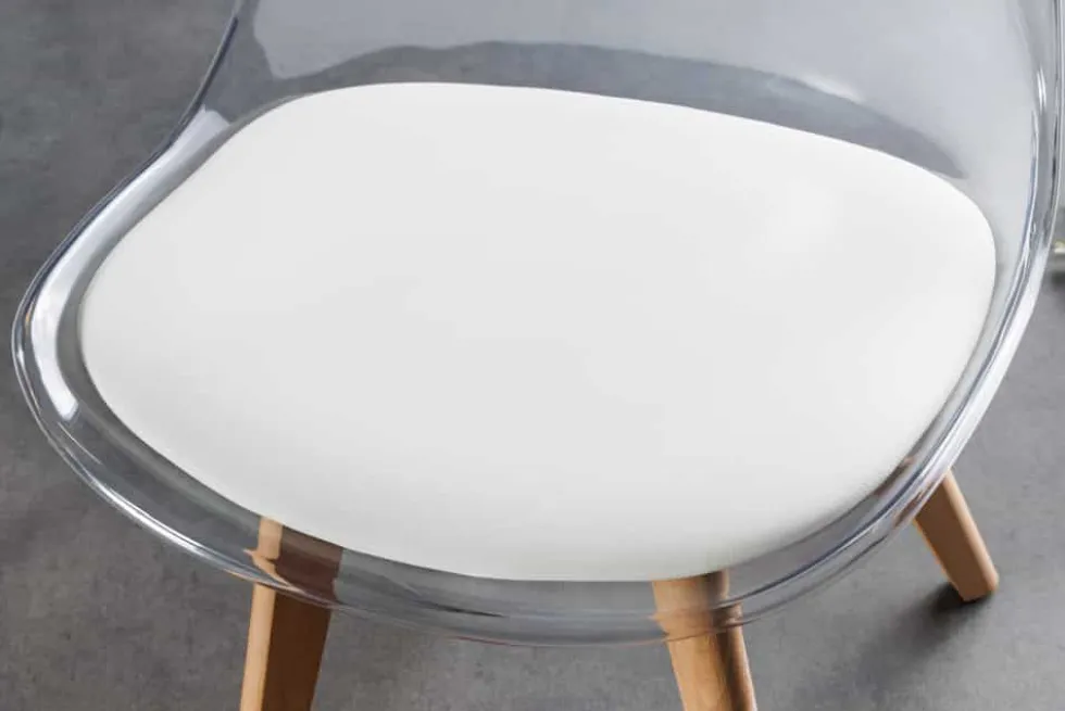 Design Stuhl SCANDINAVIA MEISTERSTÜCK transparent weiß Kunststoff Buchenholz natur