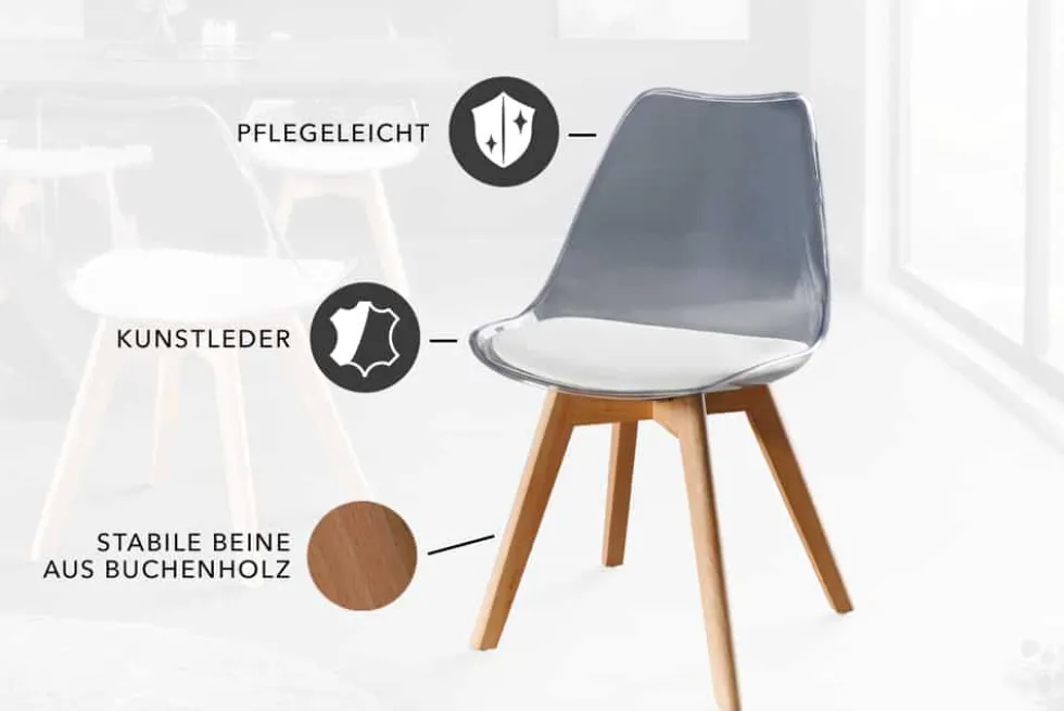 Design Stuhl SCANDINAVIA MEISTERSTÜCK transparent weiß Kunststoff Buchenholz natur
