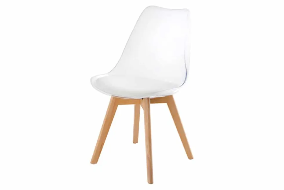 Design Stuhl SCANDINAVIA MEISTERSTÜCK transparent weiß Kunststoff Buchenholz natur