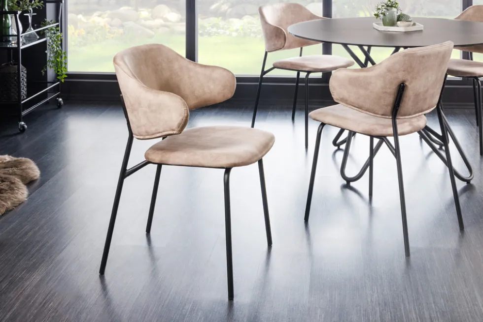 Design Stuhl VOGUE champagner greige Samt schwarze Metallbeine
