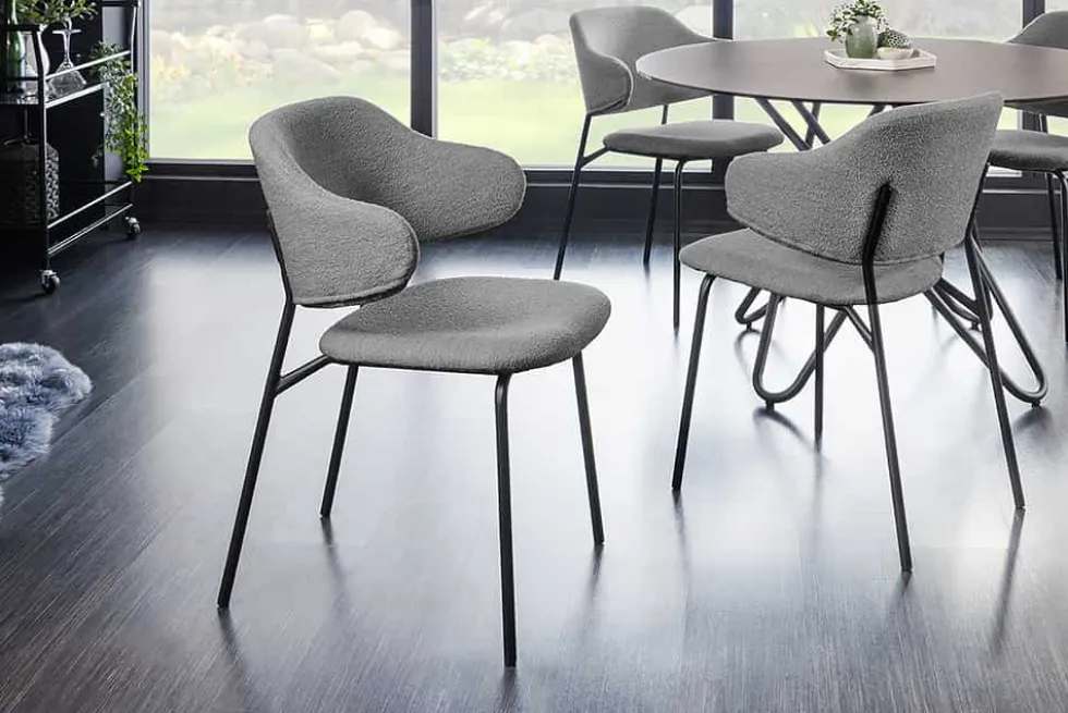 Design Stuhl VOGUE grau Bouclé schwarze Metallbeine