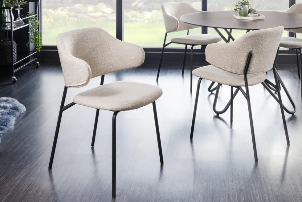 Design Stuhl VOGUE greige Bouclé schwarze Metallbeine
