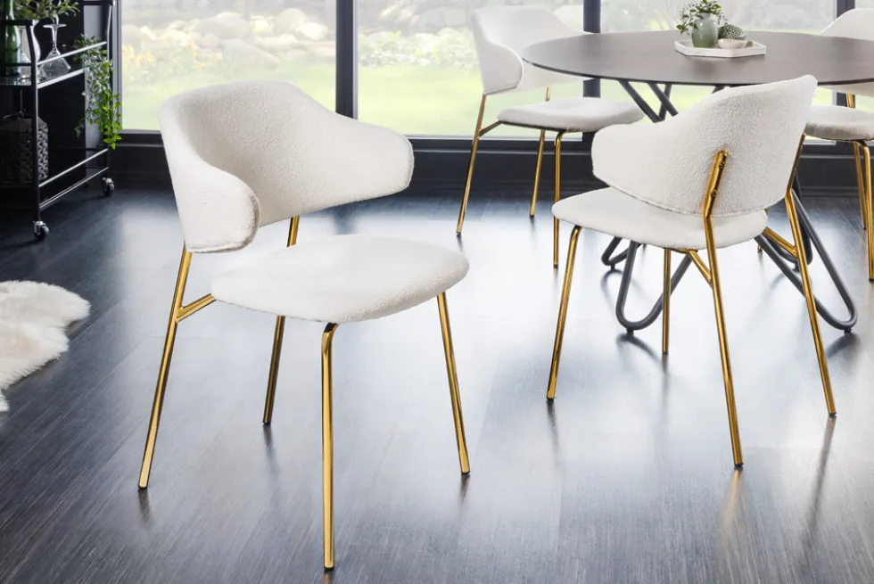 Design Stuhl VOGUE weiß Bouclé goldene Metallbeine
