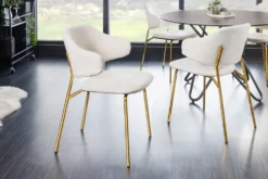 Design Stuhl VOGUE weiß Bouclé goldene Metallbeine