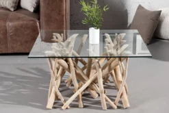 Design Teakholz Couchtisch DRIFTWOOD 80cm mit Glasplatte eckig