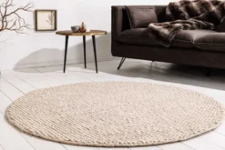 Design Teppich WOOL 150cm beige rund Wolle Handarbeit