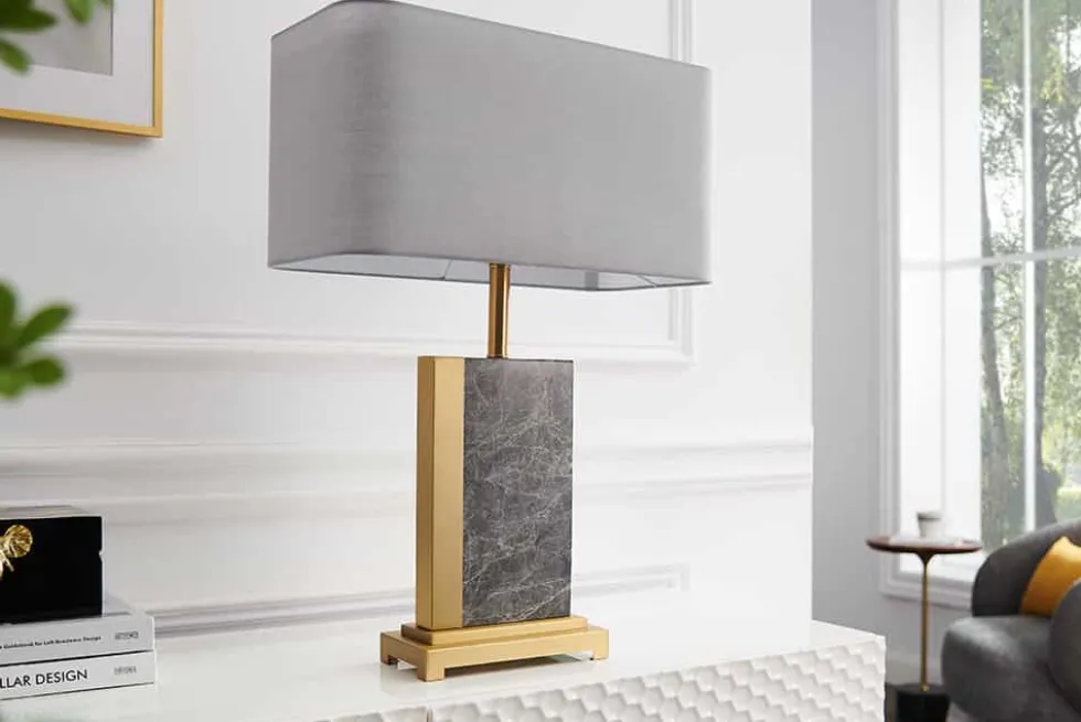 Design Tischlampe ELEGANCIA 65cm gold grau Stoffschirm Marmor