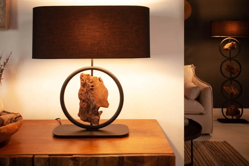 Design Tischlampe ELEMENTS 58cm schwarz Baumwollschirm Fuß mit Massivholz