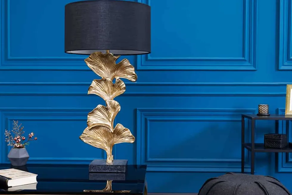 Design Tischlampe GINKGO 70cm schwarz Stoffschirm gold Metall handmade Marmor-Fuß