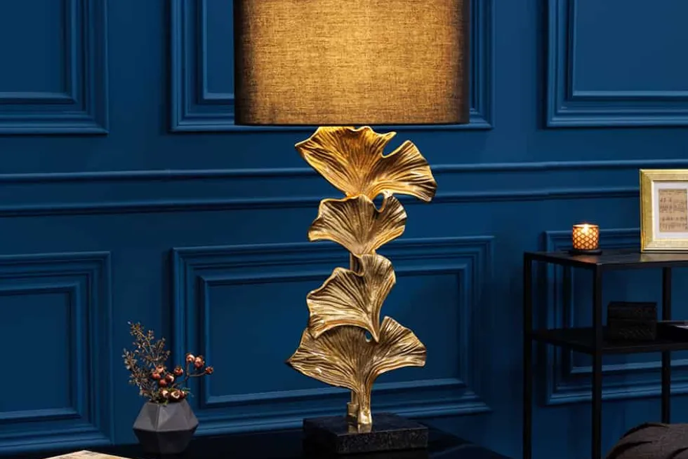 Design Tischlampe GINKGO 70cm schwarz Stoffschirm gold Metall handmade Marmor-Fuß