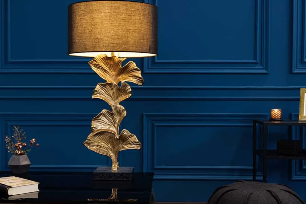 Design Tischlampe GINKGO 70cm schwarz Stoffschirm gold Metall handmade Marmor-Fuß