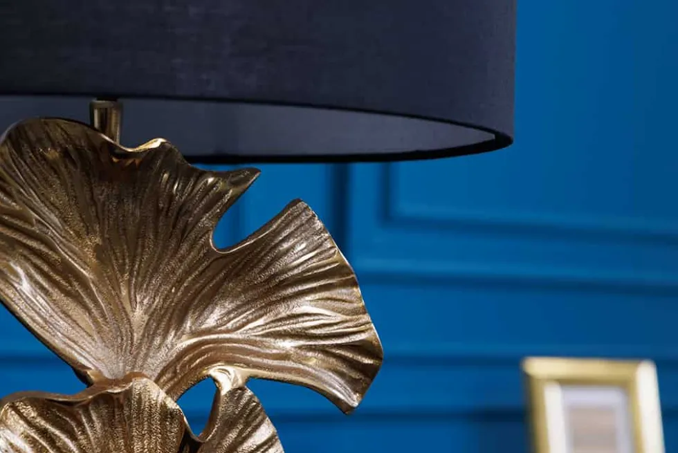 Design Tischlampe GINKGO 70cm schwarz Stoffschirm gold Metall handmade Marmor-Fuß