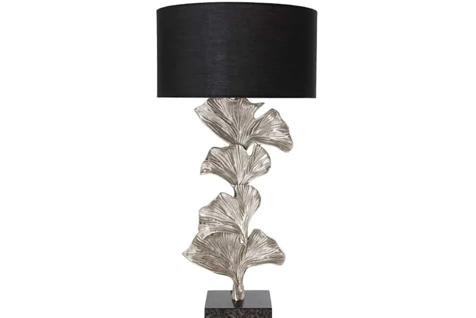 Design Tischlampe GINKGO 70cm schwarz Stoffschirm silber Metall handmade Marmor-Fuß