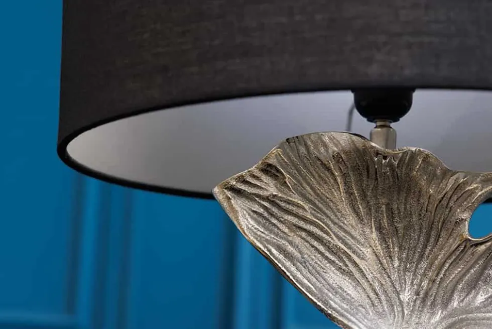 Design Tischlampe GINKGO 70cm schwarz Stoffschirm silber Metall handmade Marmor-Fuß