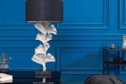 Design Tischlampe GINKGO 70cm schwarz Stoffschirm silber Metall handmade Marmor-Fuß