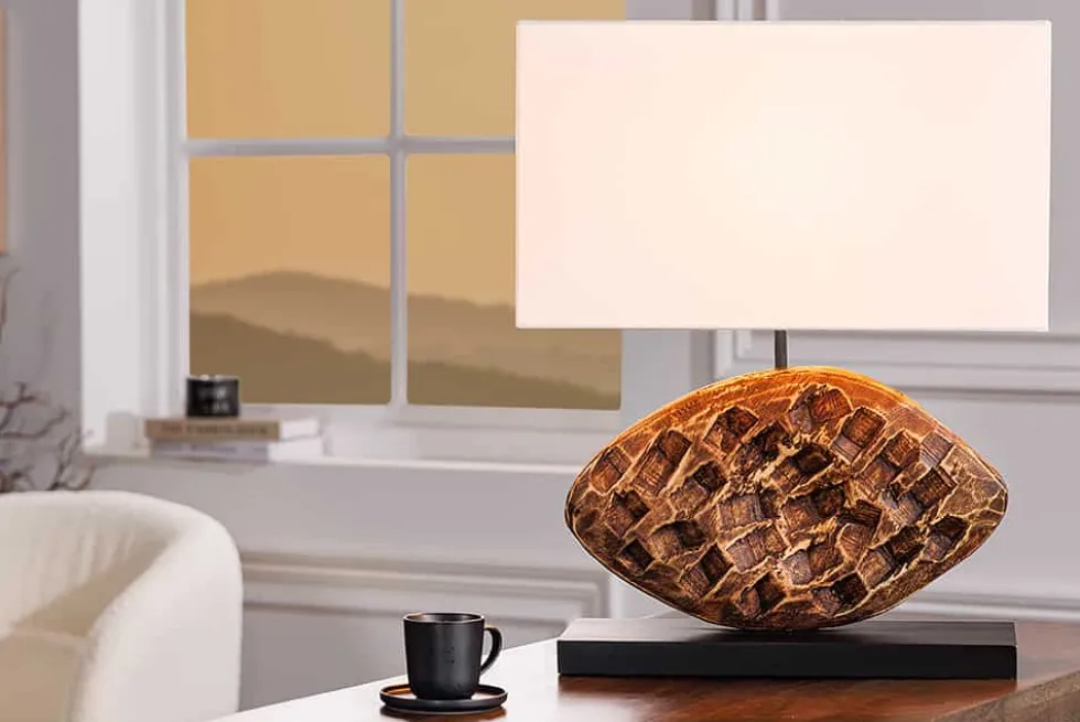 Design Tischlampe REEF 50cm Regenbaum Massivholz handmade Baumwollschirm weiß