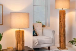 Design Tischlampe ROOTS 60cm Treibholz Leinenschirm grau handmade