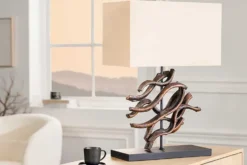 Design Tischlampe WAVE 60cm natur Massivholz handmade beige Baumwollschirm
