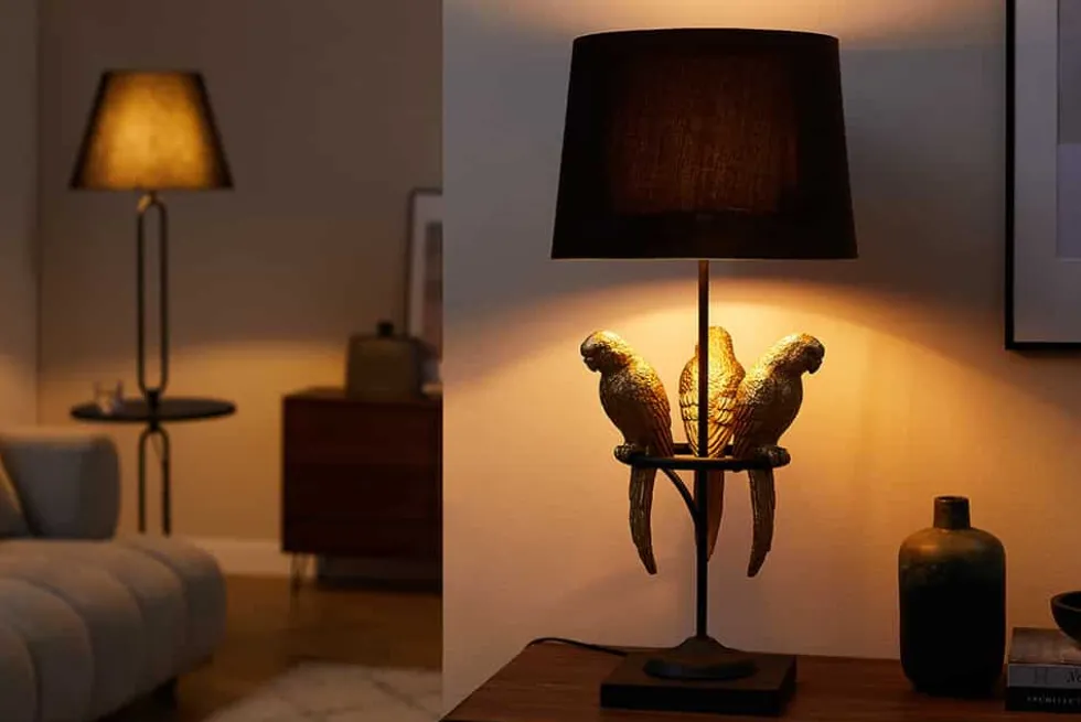 Design Tischlampe WILDLIFE 75cm schwarz gold rund Papagei Skulpturen mit Marmor-Fuß