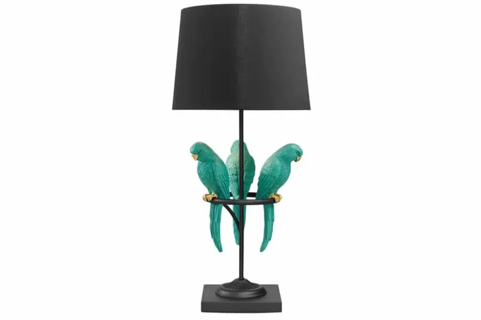 Design Tischlampe WILDLIFE 75cm schwarz türkis rund Papagei Skulpturen mit Marmor-Fuß