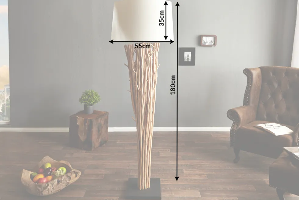 Design Treibholz Stehlampe EUPHORIA 180cm natur mit Leinenschirm