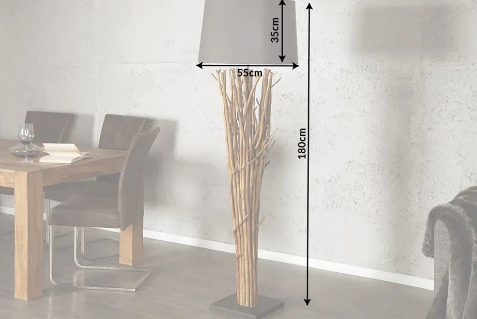 Design Treibholz Stehlampe EUPHORIA 180cm grau mit Leinenschirm