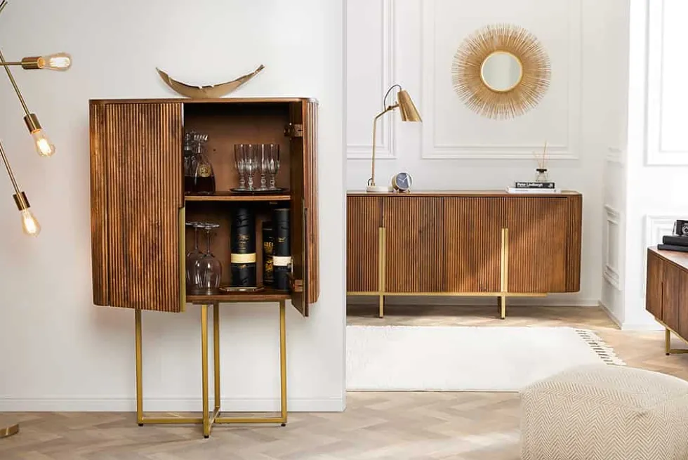 Design TV Board GATSBY 160cm braun mattgold Mangoholz Retro