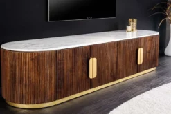Design TV-Board GATSBY 170cm braun gold Mangoholz weiße Marmorplatte Lowboard